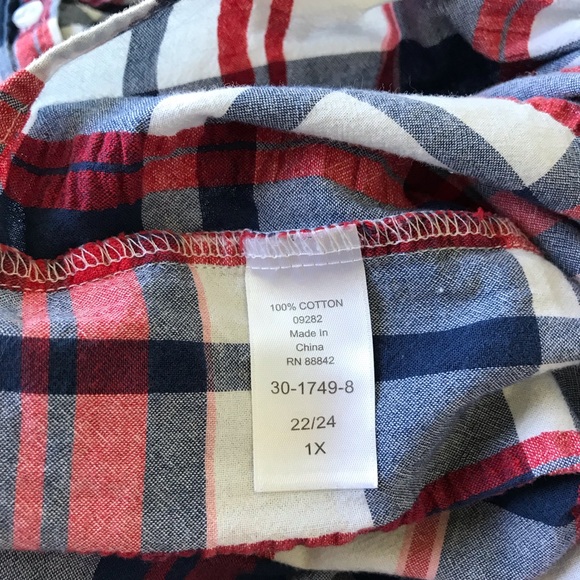 Cotton Shirt Button Down Roll Tab Short Sleeve Red White Blue Woman Within Sz 1X - Picture 8 of 10